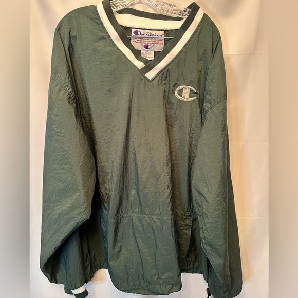 Vintage 90s Champion 2XL Jacket Green Nylon Windbreaker Pullover Drawstring - Picture 1 of 10